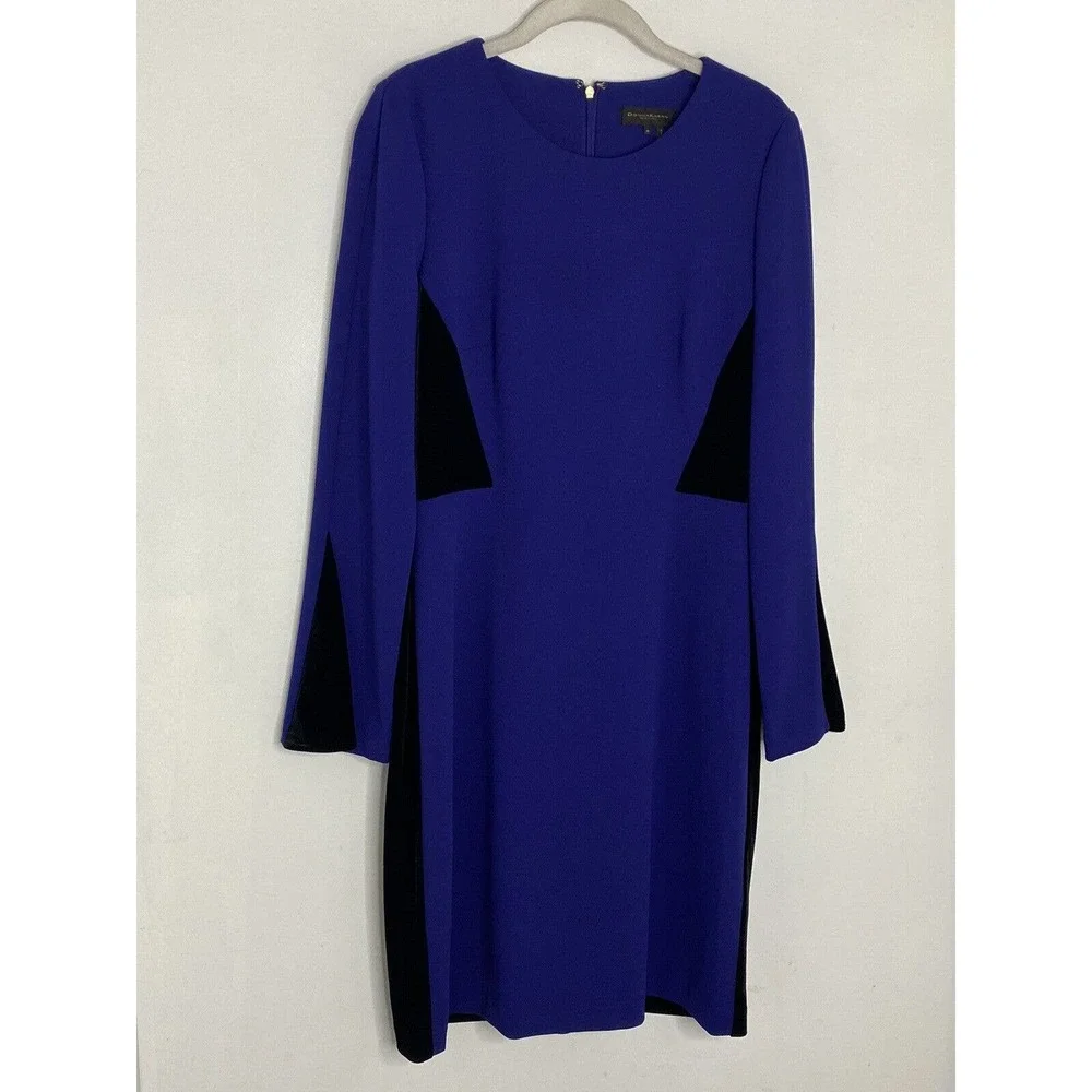 Donna Karan New York Velvet Black & Blue Long Sleeve Colorblock Dress Size 10 O1 - Picture 2 of 6